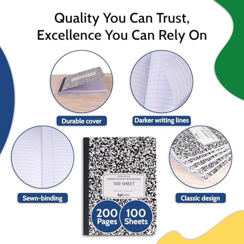 960 Pack (Pallet) EPI Wide Ruled Composition Notebook Bulk, 200 pages (100 Sheets), 9-3/4 x 7-1/2, Black Marble, Bulk School Supplies, Heavy Duty, Durable Office Notebooks, Sturdy Sewn Binding - size: Pack of 960, style: Wide Ruled