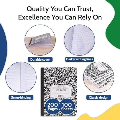 960 Pack (Pallet) EPI Wide Ruled Composition Notebook Bulk, 200 pages (100 Sheets), 9-3/4 x 7-1/2, Black Marble, Bulk School Supplies, Heavy Duty, Durable Office Notebooks, Sturdy Sewn Binding - size: Pack of 960, style: Wide Ruled