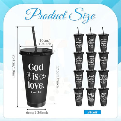 Cinrobiye 24 Pack Christian Tumblers with Lids and Straws, 24 oz Bible Verse Plastic Cups Bulk, Religious Church Gifts for VBS, Sunday School, Bible Study, Baptism and Church Party Favors(Black) - color: Black