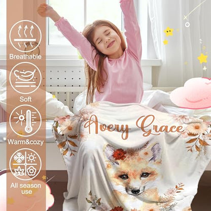 Personalized Baby Fox Blanket for Girls with Name - color: Fox