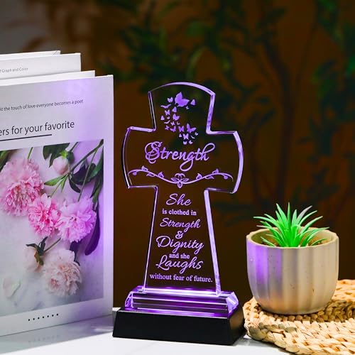 Qianwei Crystal Cross Strength Inspirational Gift - Religious Catholic Baptism Communion Confirmation Gift for Women Sister - color: Cross Strength-led