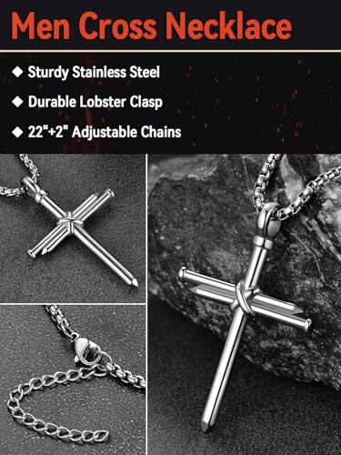 FaithHeart Stainless Steel Cross Necklace for Men, Silver/Black/Gold Cross Chains for Men Religious Amulet Necklaces Christian Gifts for Dad - style: Nail Cross-Silver