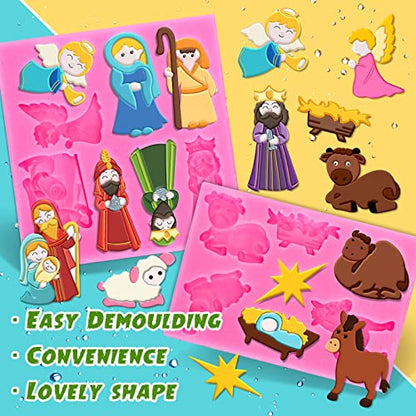 Whaline 2Pcs Christmas Fondant Molds Nativity Silicone Moulds Night of Birth Resin Baking Molds Jesus' Birth Theme Cake Decorating Molds for Xmas Handmade DIY Candy Chocolate Cookie Sugarcraft - style: Nativity