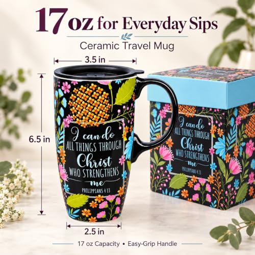 Topadorn 17oz Ceramic Travel Mug with Lid, Floral Gift Coffee Mug for Women - color: I Can Do All Things Througth Christ
