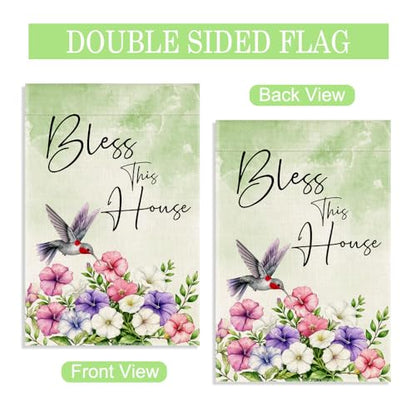 Bless This House 12 x 18 Inch Double Sided Hummingbird Garden Flag - color: Green