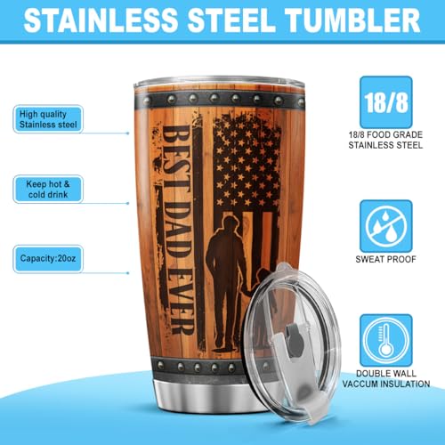 Best Dad Ever American Travel Mug, 20oz Stainless Steel Tumbler with Rustic Wood Design, Vacuum Insulated Gift Cup for Father, Ideal for Birthday, Christmas, Father's Day, Outdoor Use - color: Patriotic Dad