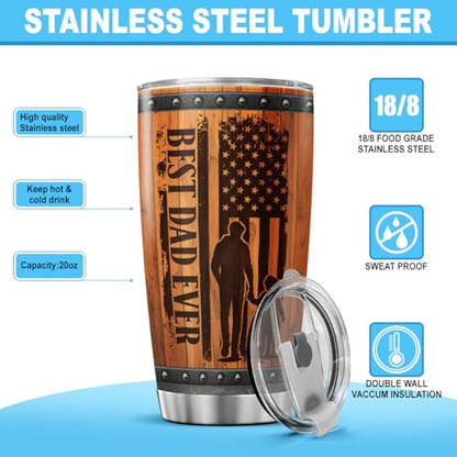 Best Dad Ever American Travel Mug, 20oz Stainless Steel Tumbler with Rustic Wood Design, Vacuum Insulated Gift Cup for Father, Ideal for Birthday, Christmas, Father's Day, Outdoor Use - color: Patriotic Dad