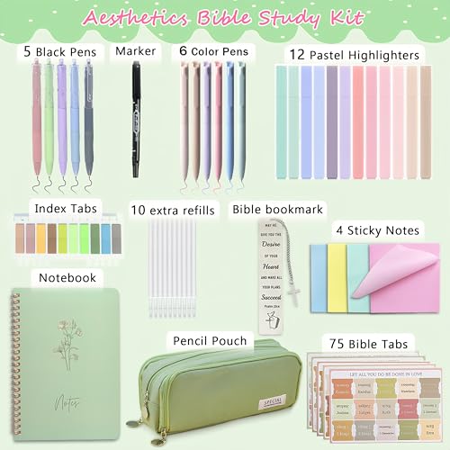 47Pcs Bible Study Guide,Bible Journaling Supplies Kit for Women, Green - color: Green