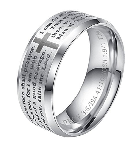 ALEXTINA 8MM Men's Stainless Steel Bible Verse Christian Lord's Prayer Cross Ring Wedding Bands Spinner Ring Laser Engraved - style: Silver tone