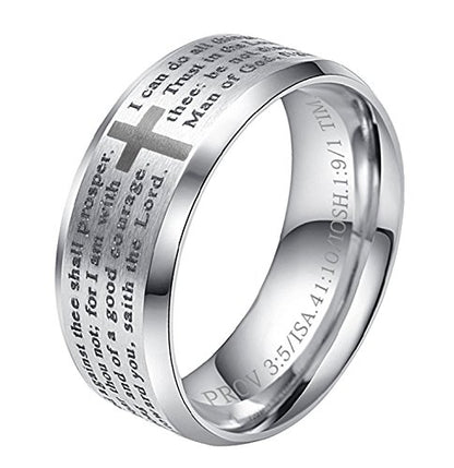 ALEXTINA 8MM Men's Stainless Steel Bible Verse Christian Lord's Prayer Cross Ring Wedding Bands Spinner Ring Laser Engraved - style: Silver tone