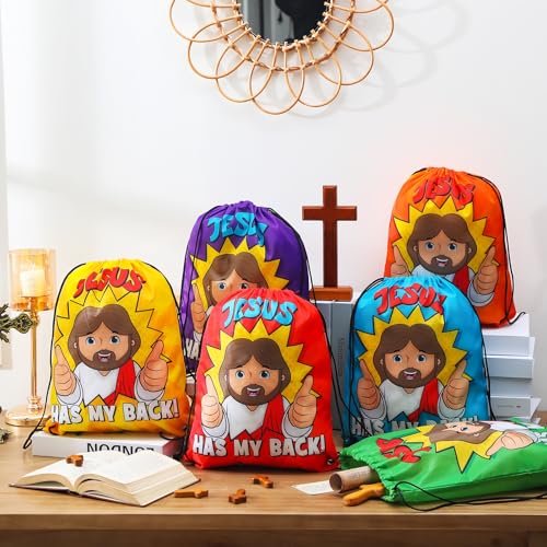 24 Pcs Christian Gift Bags Bulk Religious Drawstring Bags, Jesus Has My Back Backpacks for Sunday School, Bible Drawstring Backpack Graduation Church Camp Party Favors - style: Religious