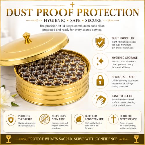 Church Communion Bundle, 40-Cup Gold Stainless Steel Communion Tray with Lid and 33 Oz Push-Button Juice Dispenser, Reusable Serving Set for Church Communion Services