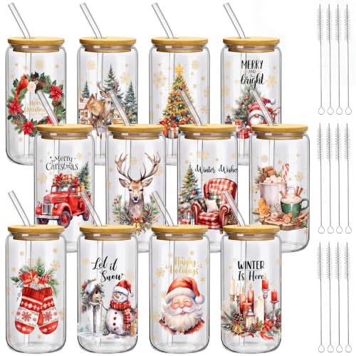 Teenyyou 12 Sets Christmas Glasses Cups with Bamboo Lid and Glass Straw, 16 oz Red Buffalo Plaid Christmas Glass Jar Drinking Cups, Festive Santa Snowman Elk Coffee Cup for Xmas Holiday Party Gifts - style: Red Black Plaid