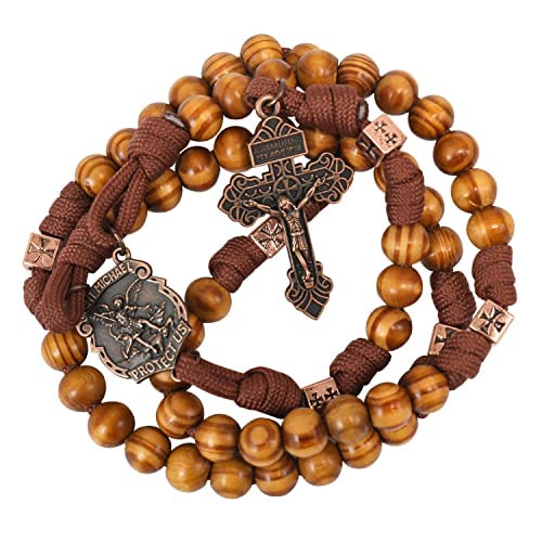 Nazareth Store St Michael Paracord Rosary Beads Rugged Rosary Necklace Strong Corded Catholic Pardon Crucifix - color: Wood Beads