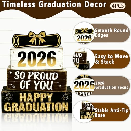 2026 Graduation Table Decorations Class of 2026 Senior Tiered Tray Decor Wooden Happy Graduation Signs Farmhouse Congrats Grad Tabletop Party Centerpiece for Tables Wooden Sign for Home Decor - style: Grad Cap