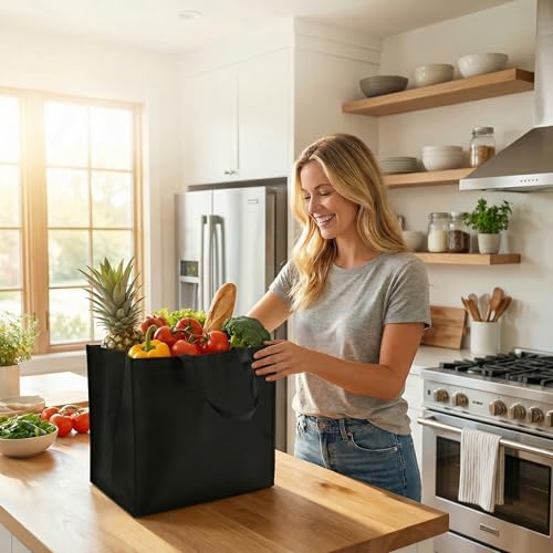 Tosnail 15 Pack Large Reusable Grocery Tote Bags, Foldable Shopping Bags with Durable Handles, Fabric Grocery Carry Bag - Black