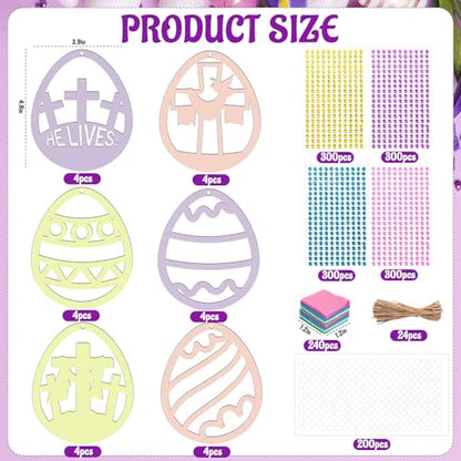 24 Sets Easter Eggs Suncatchers Craft, DIY Religious Easter Wooden Egg Hanging Decorations Kit for Christian Sunday School Activities Project Spring Classroom Party Favors Supplies