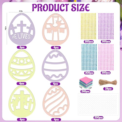 24 Sets Easter Eggs Suncatchers Craft, DIY Religious Easter Wooden Egg Hanging Decorations Kit for Christian Sunday School Activities Project Spring Classroom Party Favors Supplies