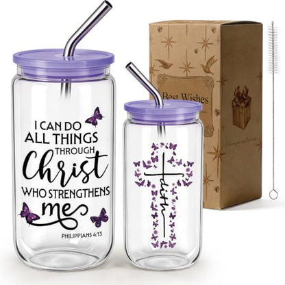 Christian Gifts for Women 16 oz Glass Cups with Lids and Straws, Purple Butterfly Cross Iced Coffee Tumbler for Home Office, Mothersday Baptism Birthday Religious Gifts for Church Friends