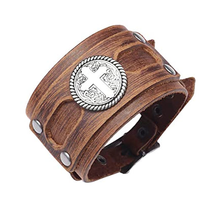 NIGHTCRUZ Wide Leather Bracelet with Cross, Medieval Leather Cuff Wristband for Mens - color: Brown