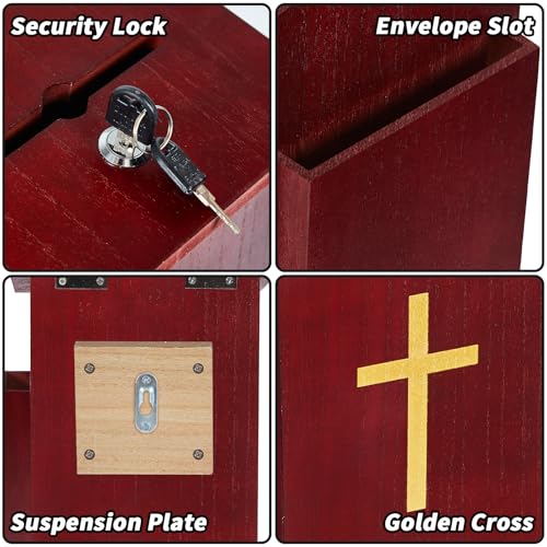 Offering Boxes for Church, Prayer Request Box with Slot and Lock - Wood Gold Cross Collection Fundraising Box Donation Charity Church Tithes - color: Dark Mahogany-1