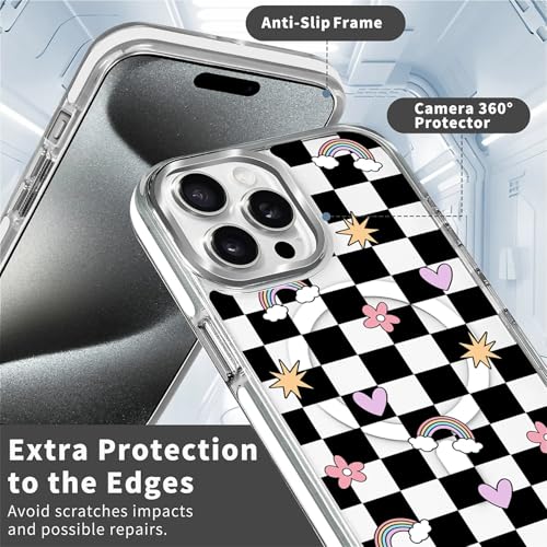 for iPhone 13/14 Case [Compatible with Magsafe],Girls Women Clear Magnetic Case Silicone Shockproof Protective Cover with Pattern Checkerboard Flowers - color: Checkerboard Flowers, size: iPhone 13/14