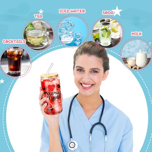 SiliFine 6 Pcs Nurse Gift Glass Cups, 16 oz with Lids and Straws - style: Nurse