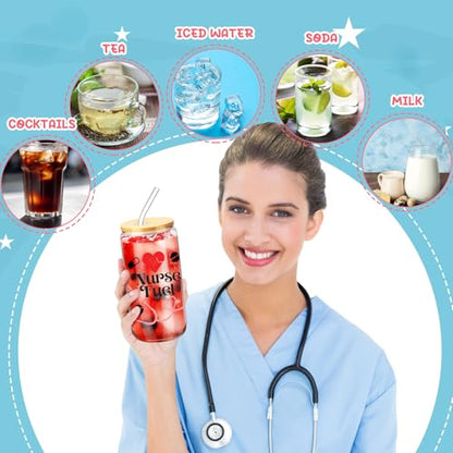 SiliFine 6 Pcs Nurse Gift Glass Cups, 16 oz with Lids and Straws - style: Nurse