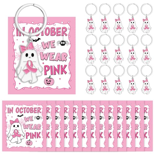 Yinkin 24 Sets Breast Cancer Awareness Keychians with Cards Bulk Pink Ribbon Halloween Ghost Bow Keychains Accessories for Women Survivor Public School Charity Events Gift Supplies - style: Pink Ghost