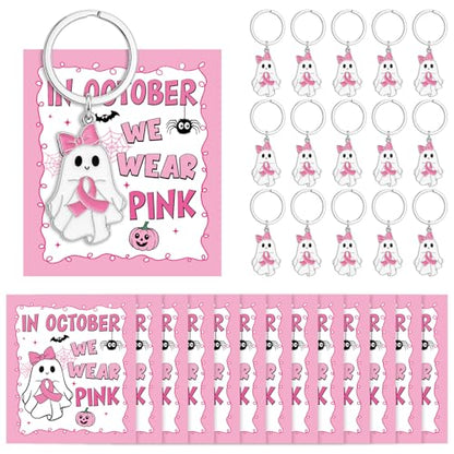 Yinkin 24 Sets Breast Cancer Awareness Keychians with Cards Bulk Pink Ribbon Halloween Ghost Bow Keychains Accessories for Women Survivor Public School Charity Events Gift Supplies - style: Pink Ghost