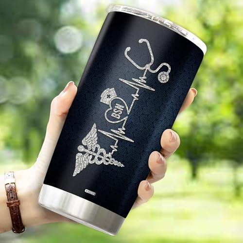Personalized Nurse Tumbler Gifts for Women Heartbeat Stethoscope Nurses Travel Cup Coffee Mug Appreciation Gift for Nurse Insulated Stainless Steel 20oz With Lid - color: BSN