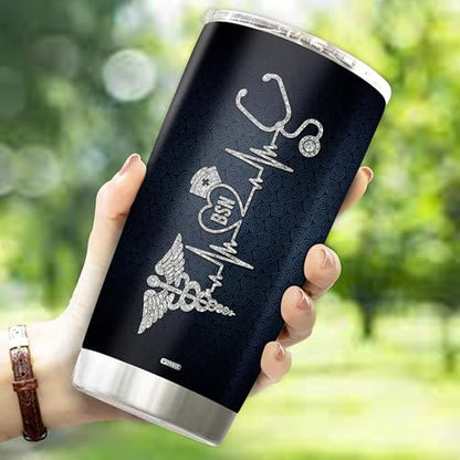 Personalized Nurse Tumbler Gifts for Women Heartbeat Stethoscope Nurses Travel Cup Coffee Mug Appreciation Gift for Nurse Insulated Stainless Steel 20oz With Lid - color: BSN