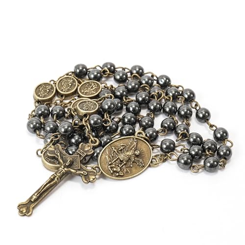 Nazareth Store St Michael Rosary Hematite Stone Beads Necklace Metal Beaded Glory Beads Archangel Medal & Cross with Metal Gift Box - color: Bronze | Jesus Cross