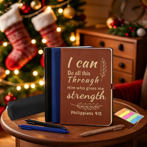 Christian Gift Set, Prayer Notebook and 10 Bible Pen Set with Sticky Notes & Pencil Case, Bulk Inspirational Church Notes Notebook Supplies for Women Men Grandparents Church Pastor, Brown - color: Brown