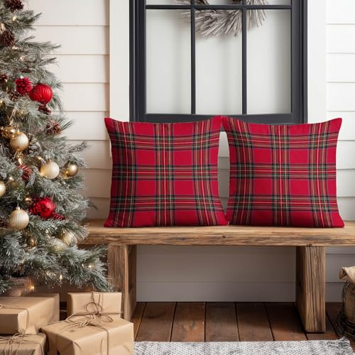 HOMETITUTE Set of 2 Christmas Red Plaid Throw Pillow Covers 18x18 Inch - color: Christmas Throw Pillow Covers #02