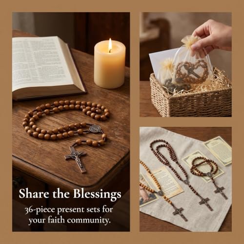 36 Pack Wooden Rosary Beads with Cross, Prayer Necklaces with Organza Bags
