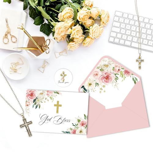 48 Pack Christian Thank You Cards, Watercolor Pink Floral Cross Baptism Thank You Cards with Envelopes & Stickers, First Communion & Religious Occasions - style: 48 Pcs - Pink Christian