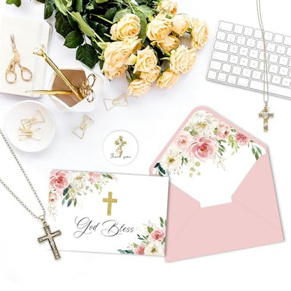 48 Pack Christian Thank You Cards, Watercolor Pink Floral Cross Baptism Thank You Cards with Envelopes & Stickers, First Communion & Religious Occasions - style: 48 Pcs - Pink Christian