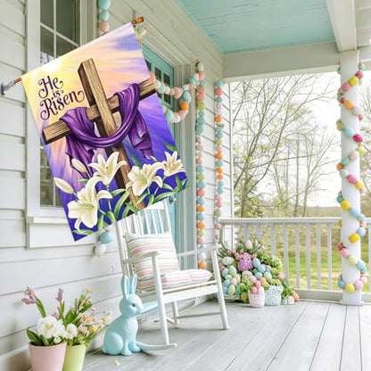 He is Risen Easter Christian House Flags 28x40 Double Sided Burlap, Religious Cross Spring Lily Flower Sign Large Flag Farmhouse Yard Outdoor Decoration DF701-28 - size: 28" X 40"