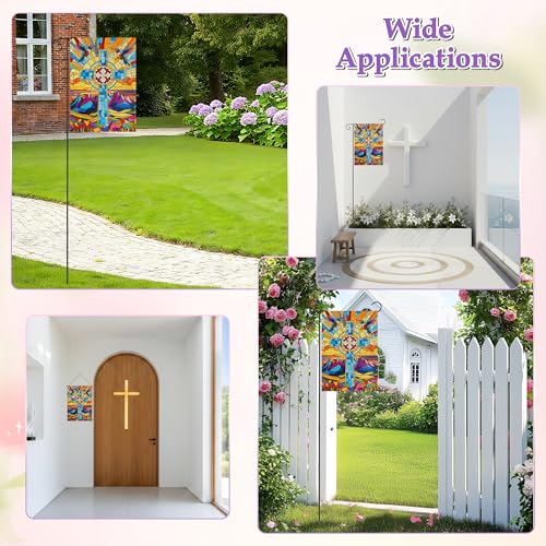 WATINC Christian Stained Glass Cross Garden Flag - 12 x 18 Inch Linen Religious Jesus Double Sided Yard Sign for Outside, Easter Spring Summer Christ Faith House Outdoor Decor for Porch Lawn