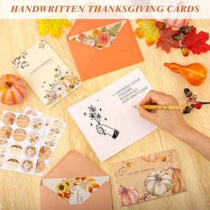 Thboxes 24 Pack Thanksgiving Cards with Envelopes, 4 x 6 in Bulk Thanksgiving Cards with Stickers, 6 Designs Thanks & Blessings Greeting Card Boxed for Fall Autumn Holiday Happy Harvest Party - style: Thanksgiving Card