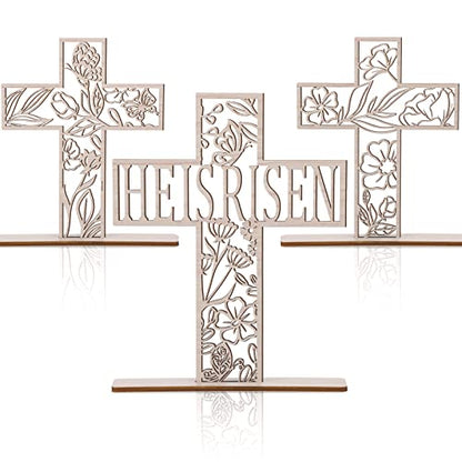3 Pcs Easter Centerpieces for Table He Is Risen Sign Easter Cross Wooden Decor Religious Tabletop Wall Cross Christian Decorations for Home Easter Rustic Cross Art Easter Table Top Cross, 9.8'', 7.9''