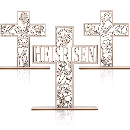 3 Pcs Easter Centerpieces for Table He Is Risen Sign Easter Cross Wooden Decor Religious Tabletop Wall Cross Christian Decorations for Home Easter Rustic Cross Art Easter Table Top Cross, 9.8'', 7.9''