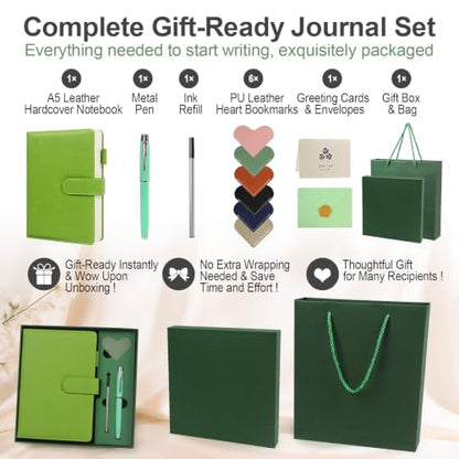 A5 Leather Journal for Women Men, Hardcover Notebook Set with Pen, green - color: green