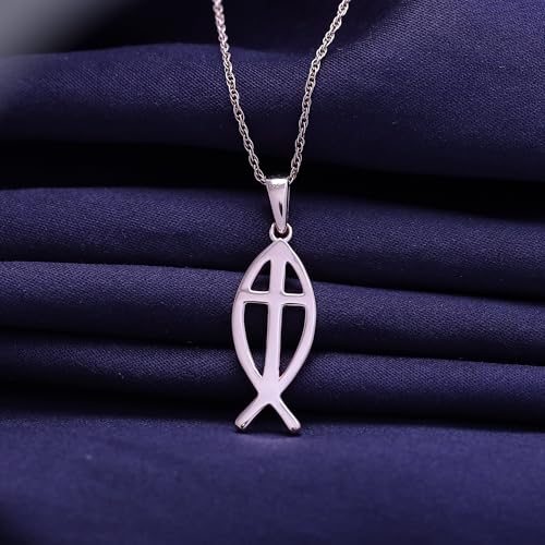 Christian Fish Cross Pendant Necklace for Women Religious Faith Jewelry - color: rose-gold-plated-silver