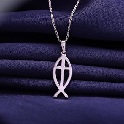 Christian Fish Cross Pendant Necklace for Women Religious Faith Jewelry - color: rose-gold-plated-silver