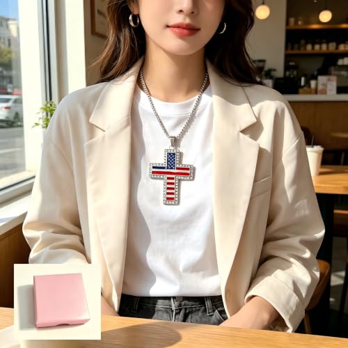 American Flag Cross Pendant Necklace, Silver-Tone, Stars and Stripes, Patriotic Religious Jewelry,for a gift box - color: Silver1