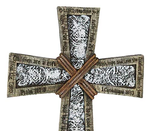 Ebros Gift 16" Tall Rustic Western Faux Wooden Holy Bible Scriptures with Braided Ropes and Ornate White Lace Stencil Antique Design Decorative Wall Cross Hanging Decor Plaque