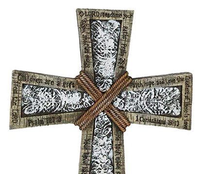Ebros Gift 16" Tall Rustic Western Faux Wooden Holy Bible Scriptures with Braided Ropes and Ornate White Lace Stencil Antique Design Decorative Wall Cross Hanging Decor Plaque