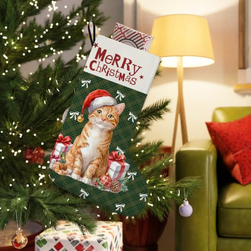 Orange Tabby Cat Green Plaid Christmas Stockings 16 Inch - color: Christmas13
